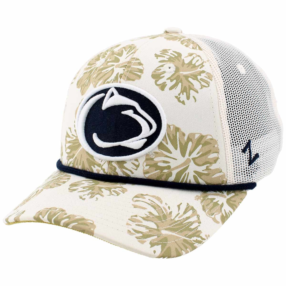 trucker hat with Hawaiian print, Penn State Athletic Logo, and rope